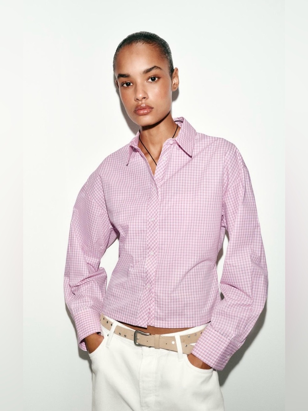 ZARA NWT Pink Checkered Plaid Cropped Button Down Shirt Long Sleeve